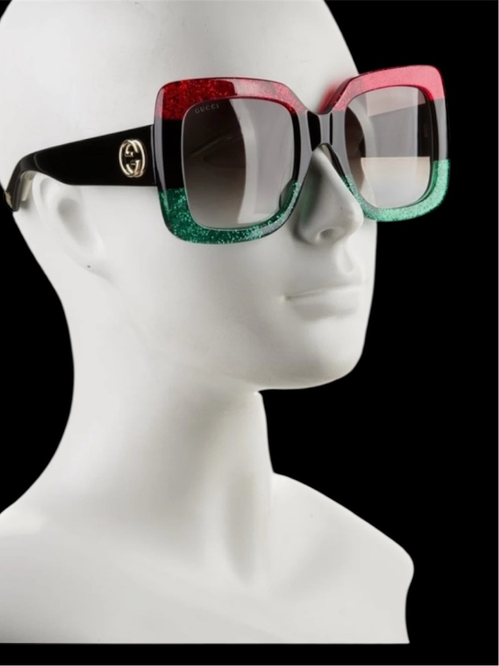 Vintage Black Green Red oversized Sunglasses with Gold tone Temples